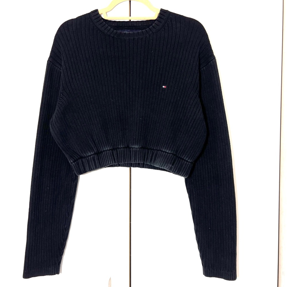 Vintage‎ Tommy Hilfiger Sweater Womens M Black Distressed Ribbed Cropped Y2K